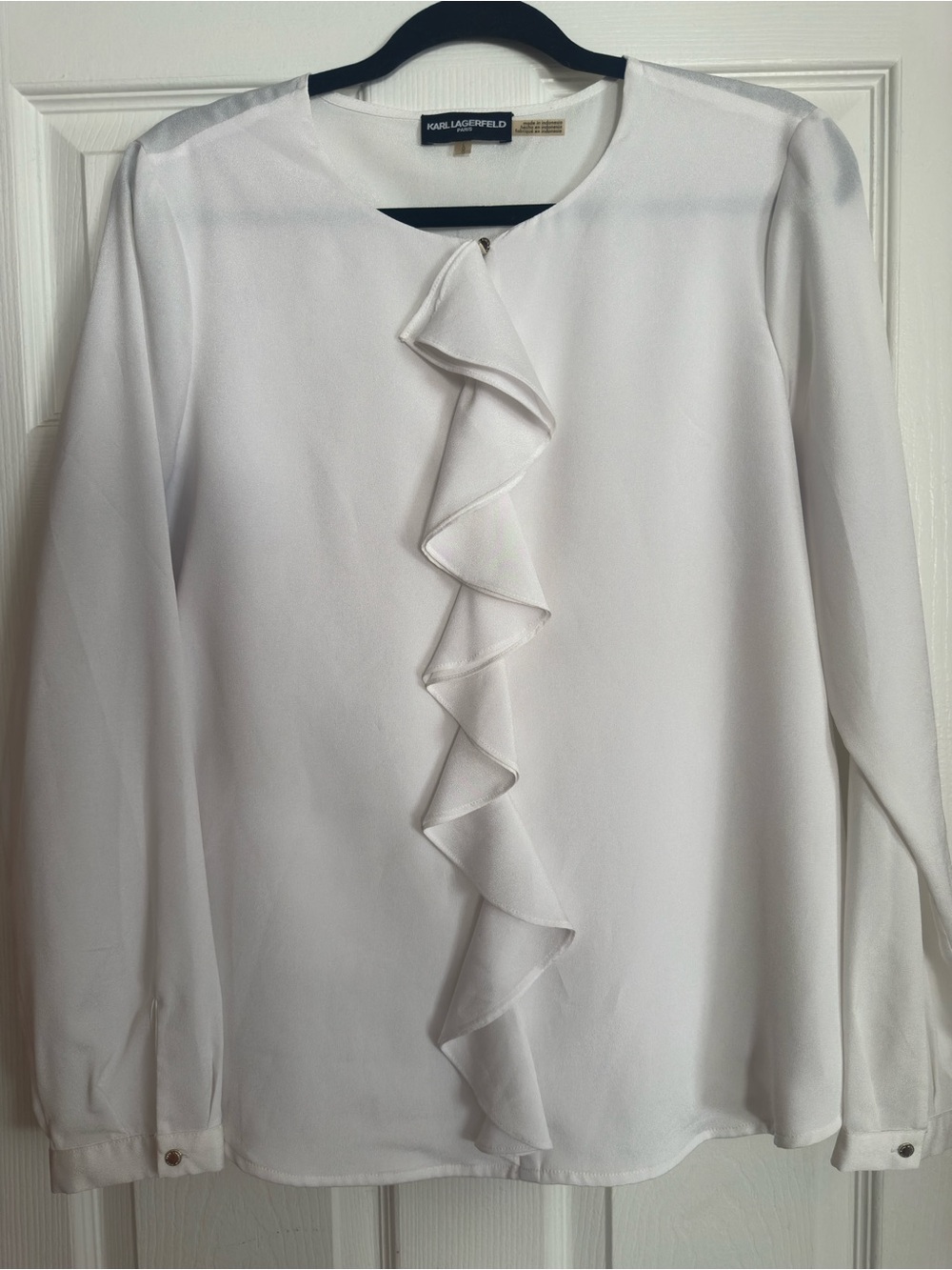 Karl Lagerfeld White Ruffle-Front Long Sleeve Blouse